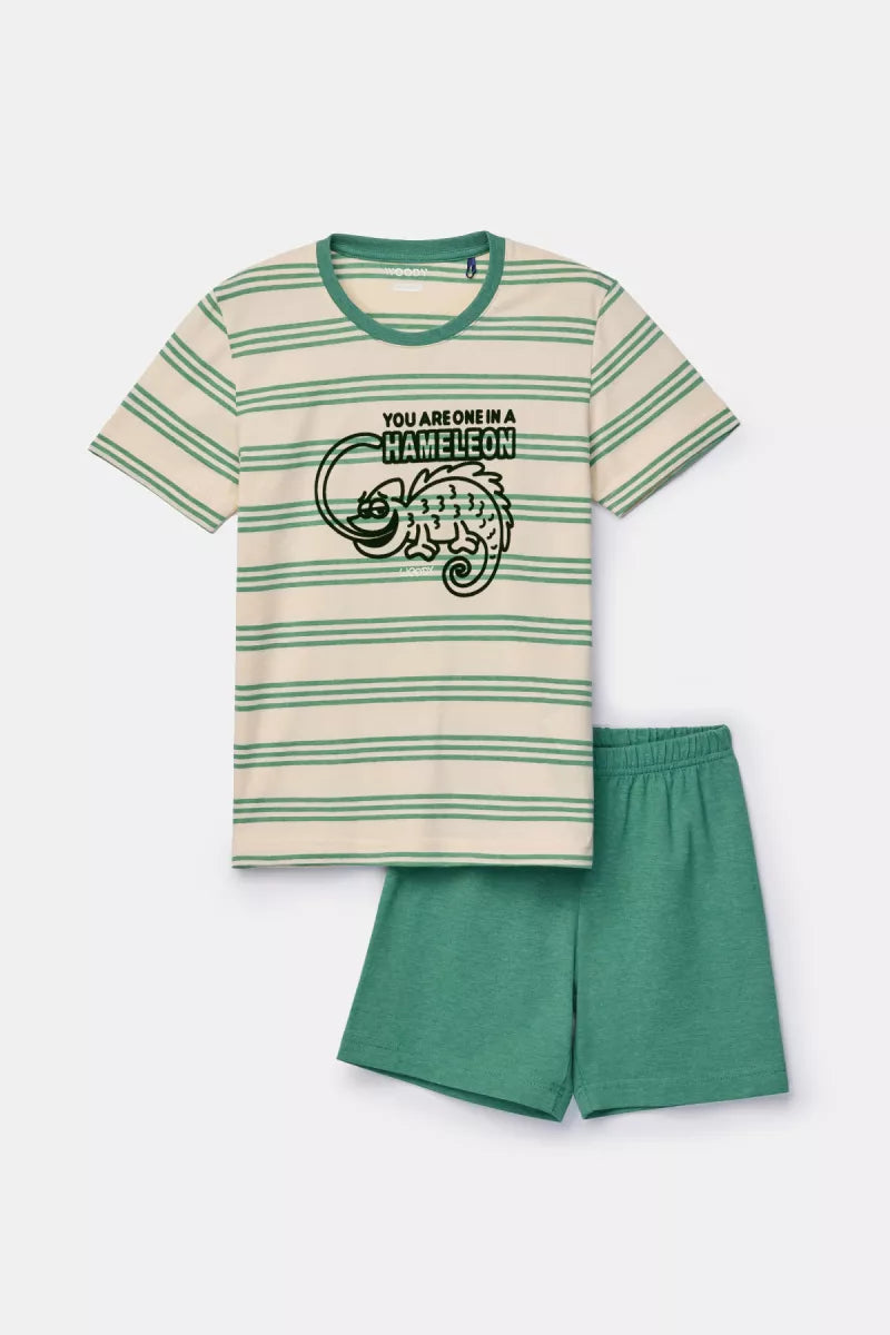 Woody Pyjama - Groene streep/Kameleon