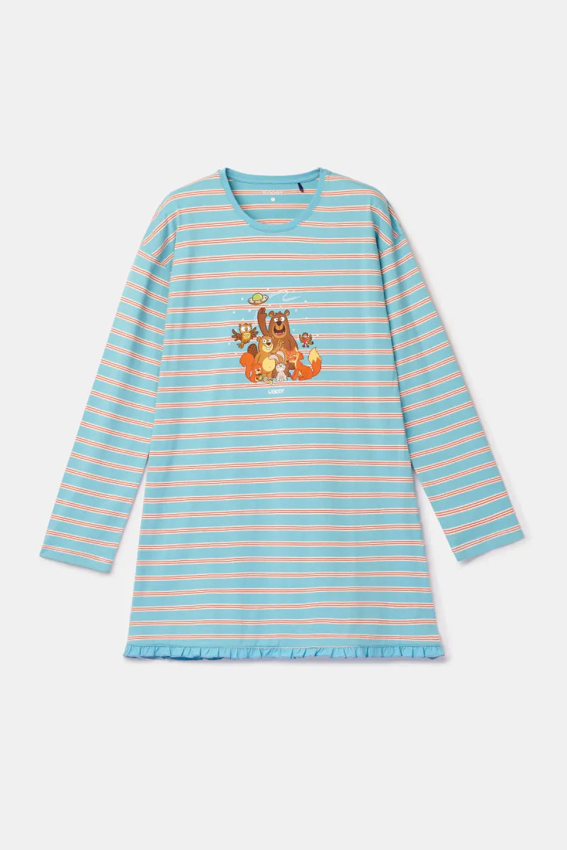 Woody Pyjama - Blauw gestreept/beestenbos
