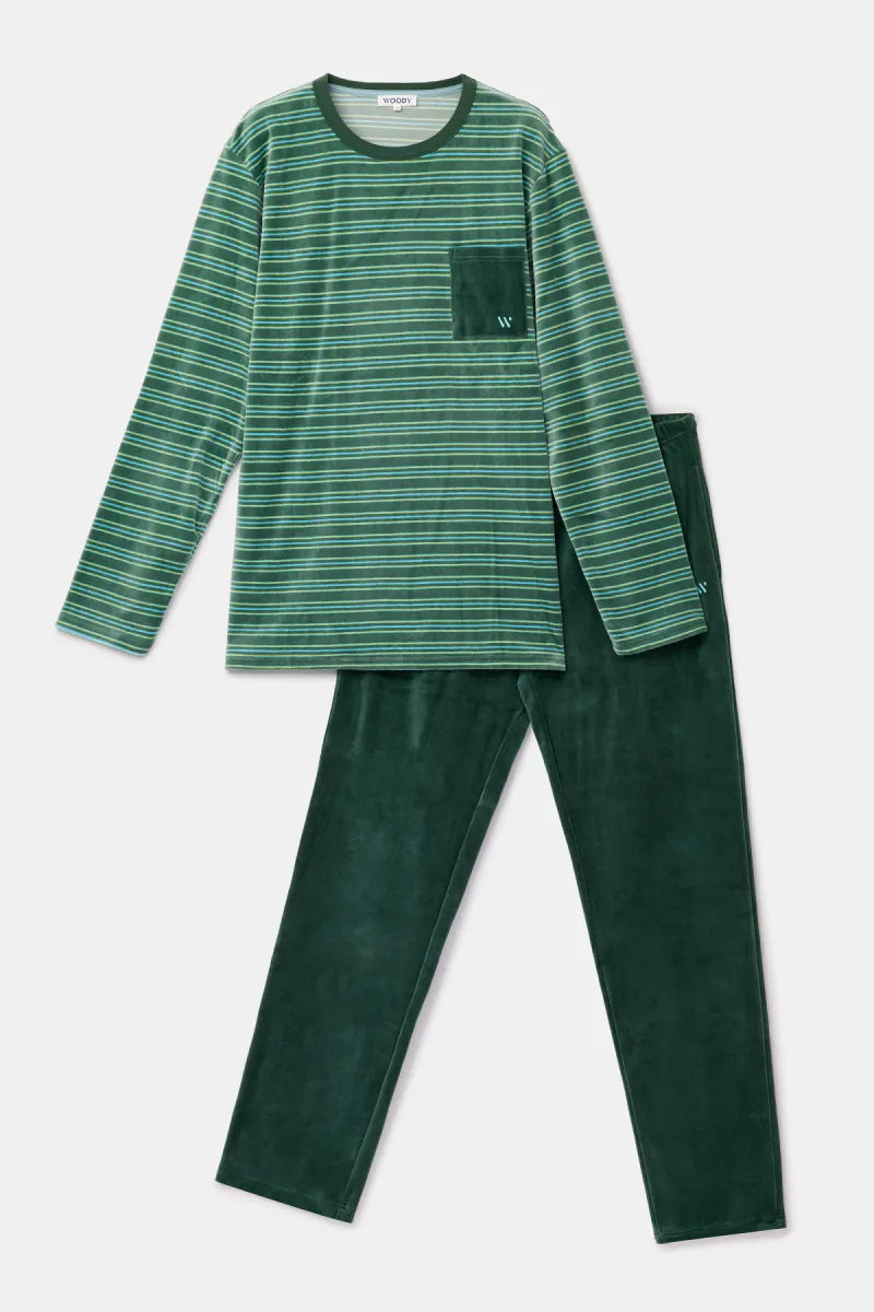 Woody Pyjama fluweel - Groene streep