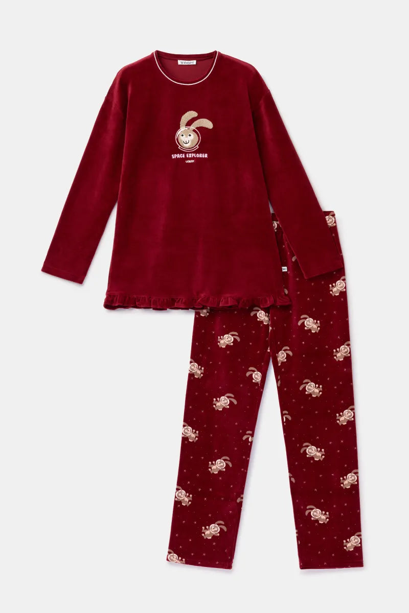 Woody Pyjama fluweel - Bordeaux/Konijn