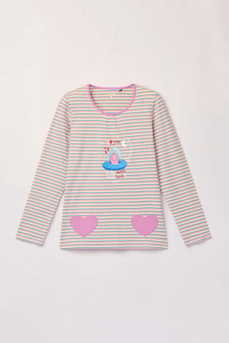 Woody Pyjama - Roos gestreept/hartjes monster