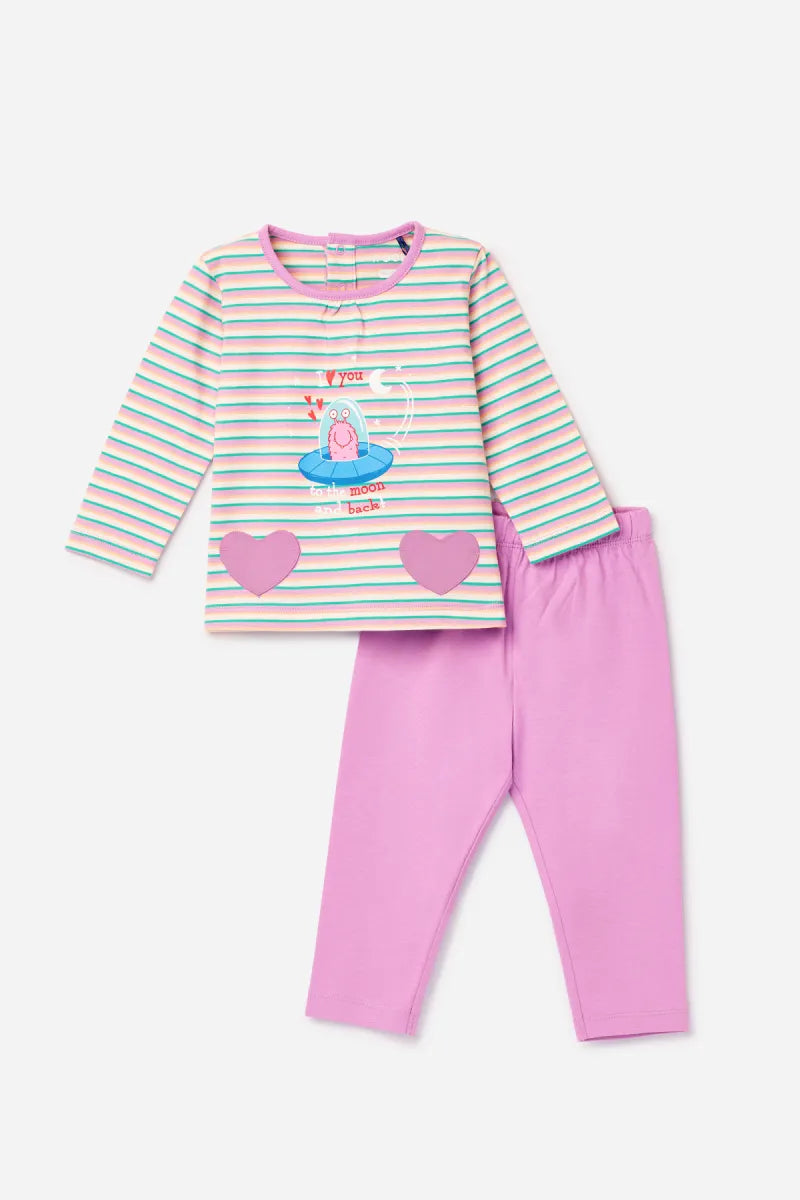Woody Pyjama - Roos gestreept/hartjes monster