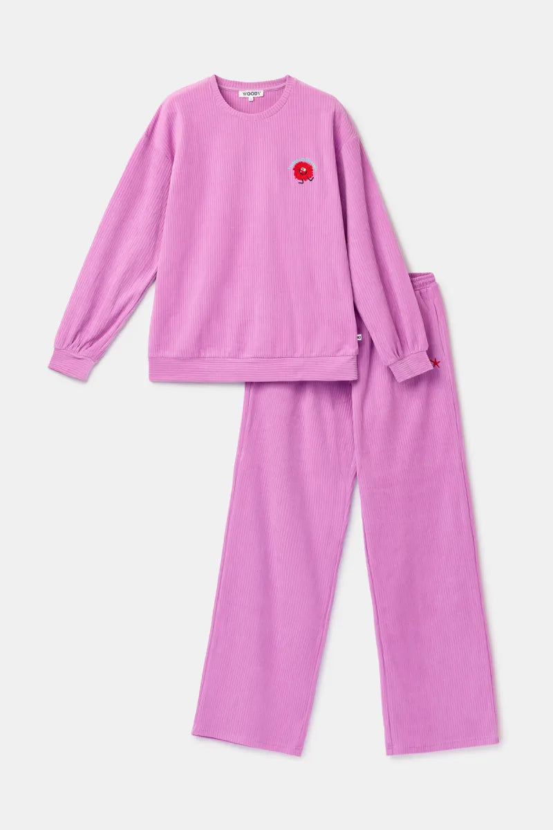 Woody Pyjama ribbed fluweel - Roze/monstertje