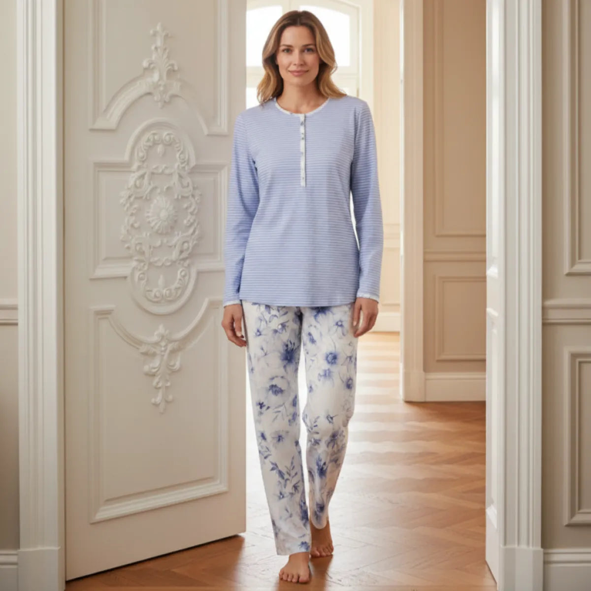 Ringella Pyjama - Blauwe streep/Bloemen