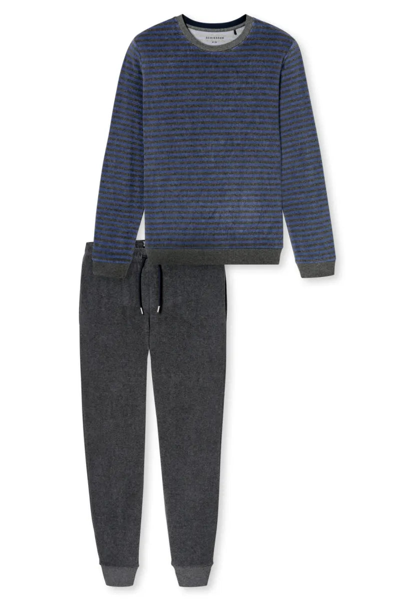 Schiesser Pyjama badstof - Blauw-grijze streep