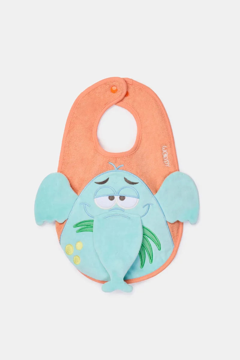 Woody Roos/oranje slabbetje van badstof met bieper - Olifant