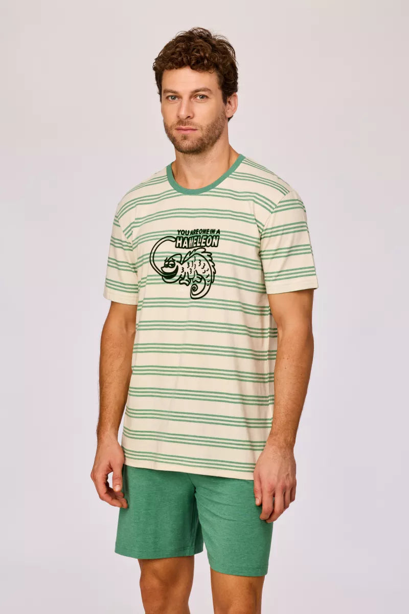 Woody Pyjama - Groene streep Kameleon