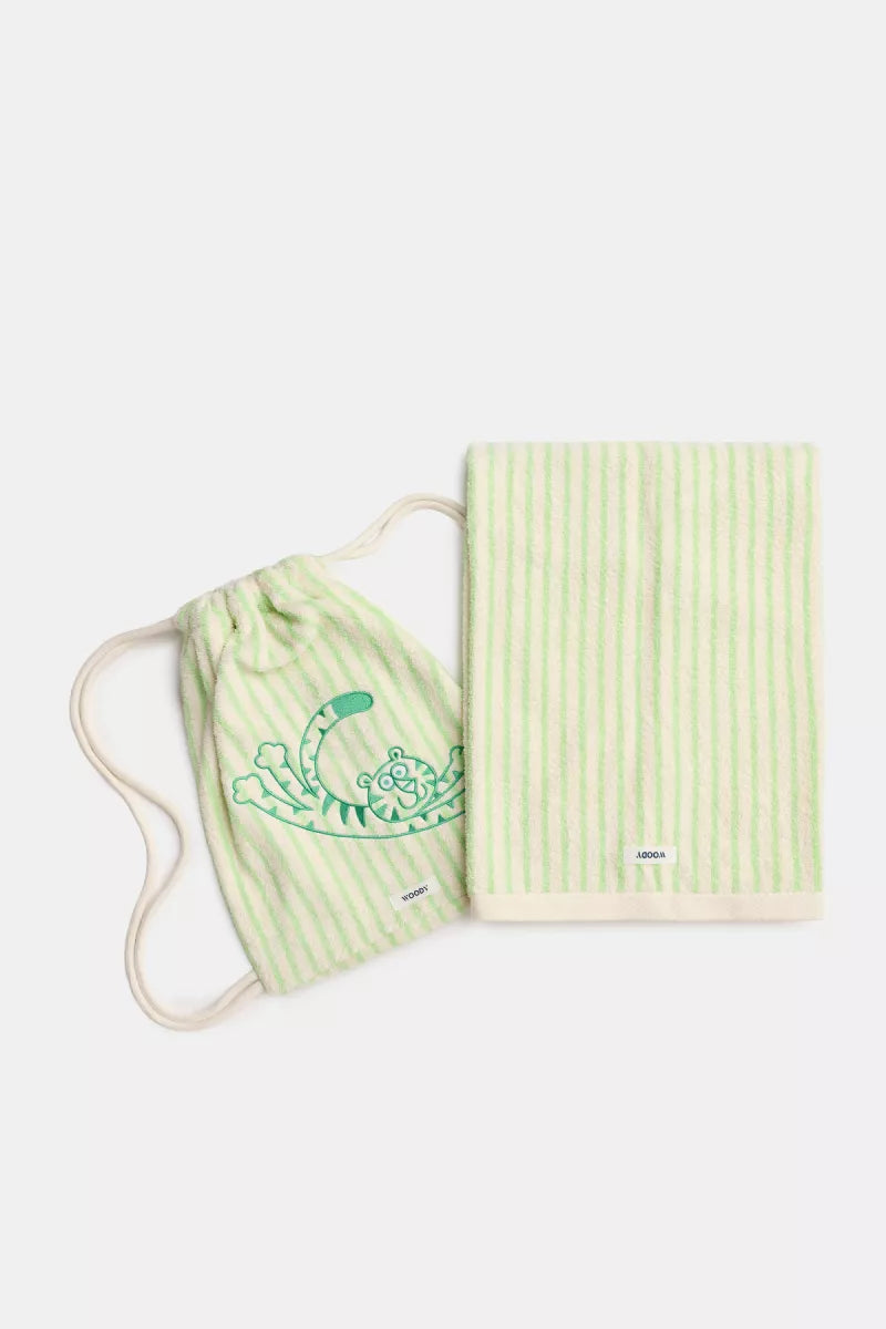 Woody Zwemzak + handdoek - Groene streep