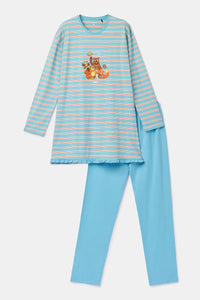 Woody Pyjama - Blauw gestreept/beestenbos