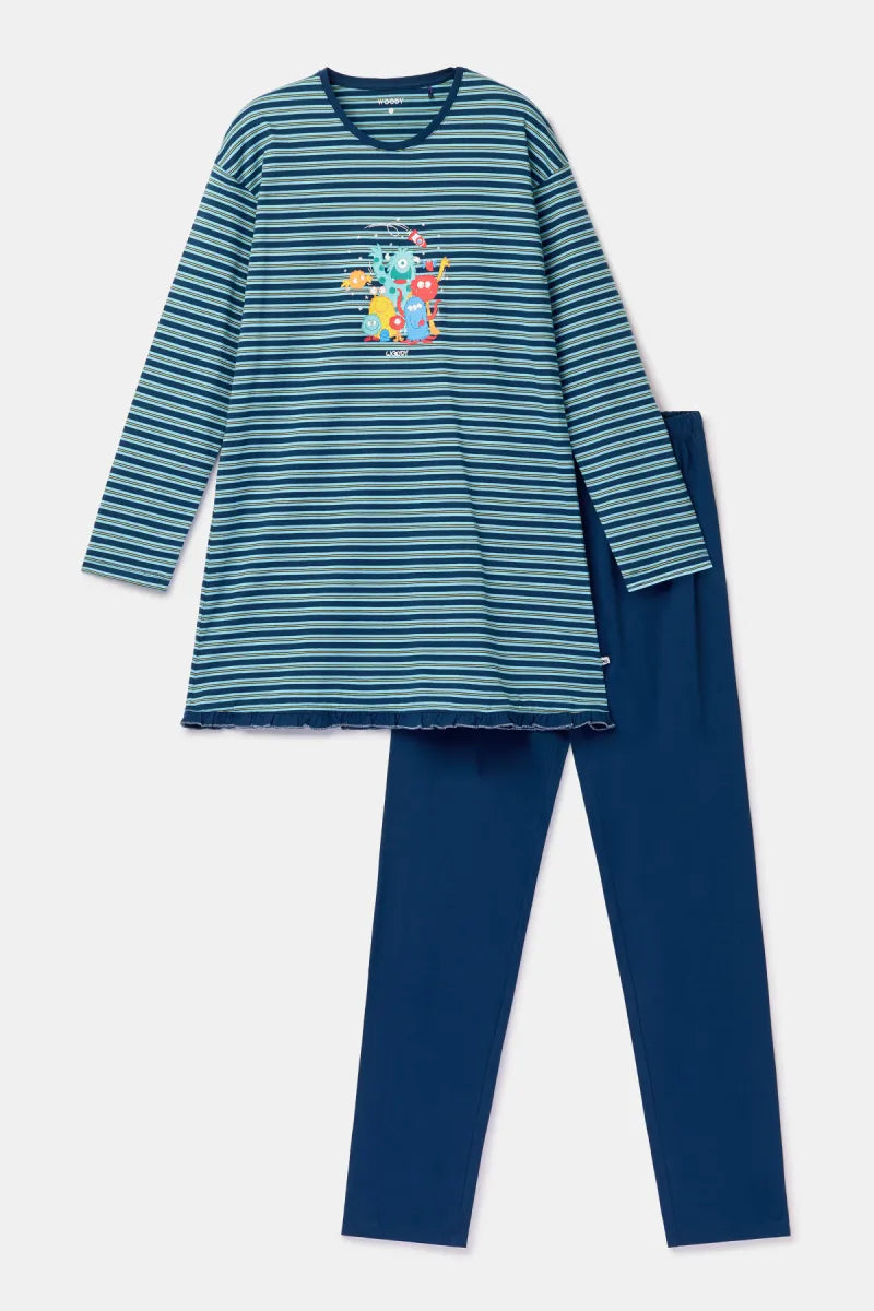 Woody Pyjama - Blauw gestreept/monsters