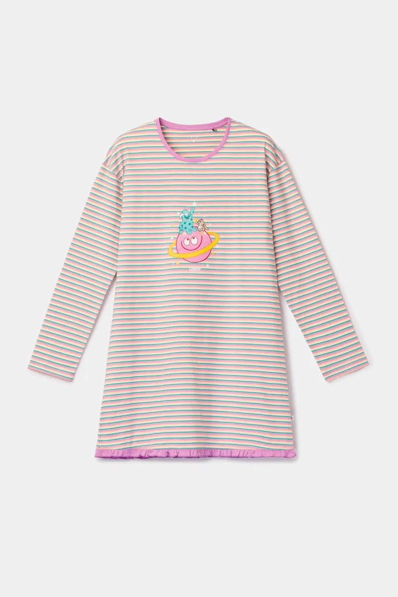 Woody Pyjama - Roze streep/monster & konijn