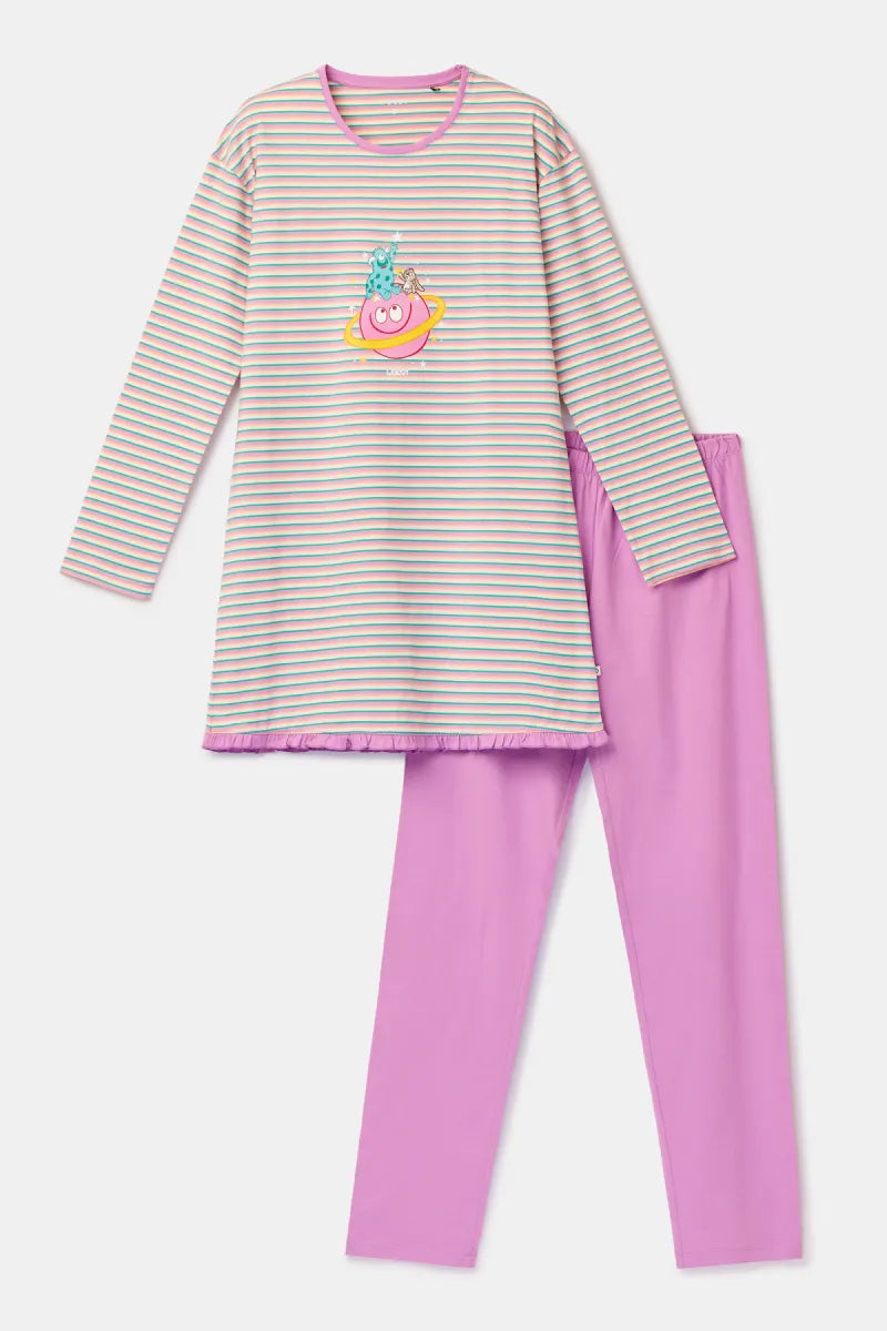 Woody Pyjama - Roze streep/monster & konijn