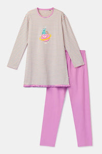 Woody Pyjama - Roze streep/monster & konijn