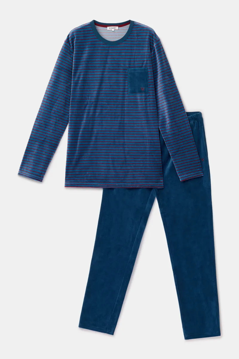 Woody Pyjama fluweel - Donkerblauw/strepen