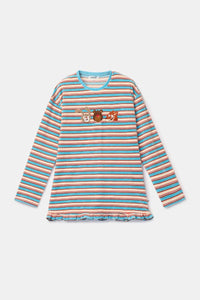 Woody Pyjama fluweel - Blauwe streep/ Konijn&Beer&vos