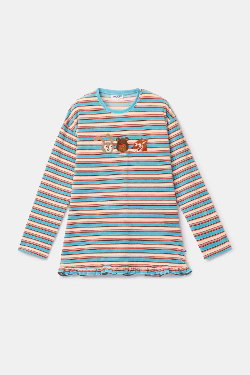 Woody Pyjama fluweel - Blauwe streep/ Konijn&Beer&vos