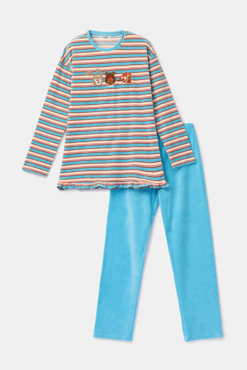 Woody Pyjama fluweel - Blauwe streep/ Konijn&Beer&vos