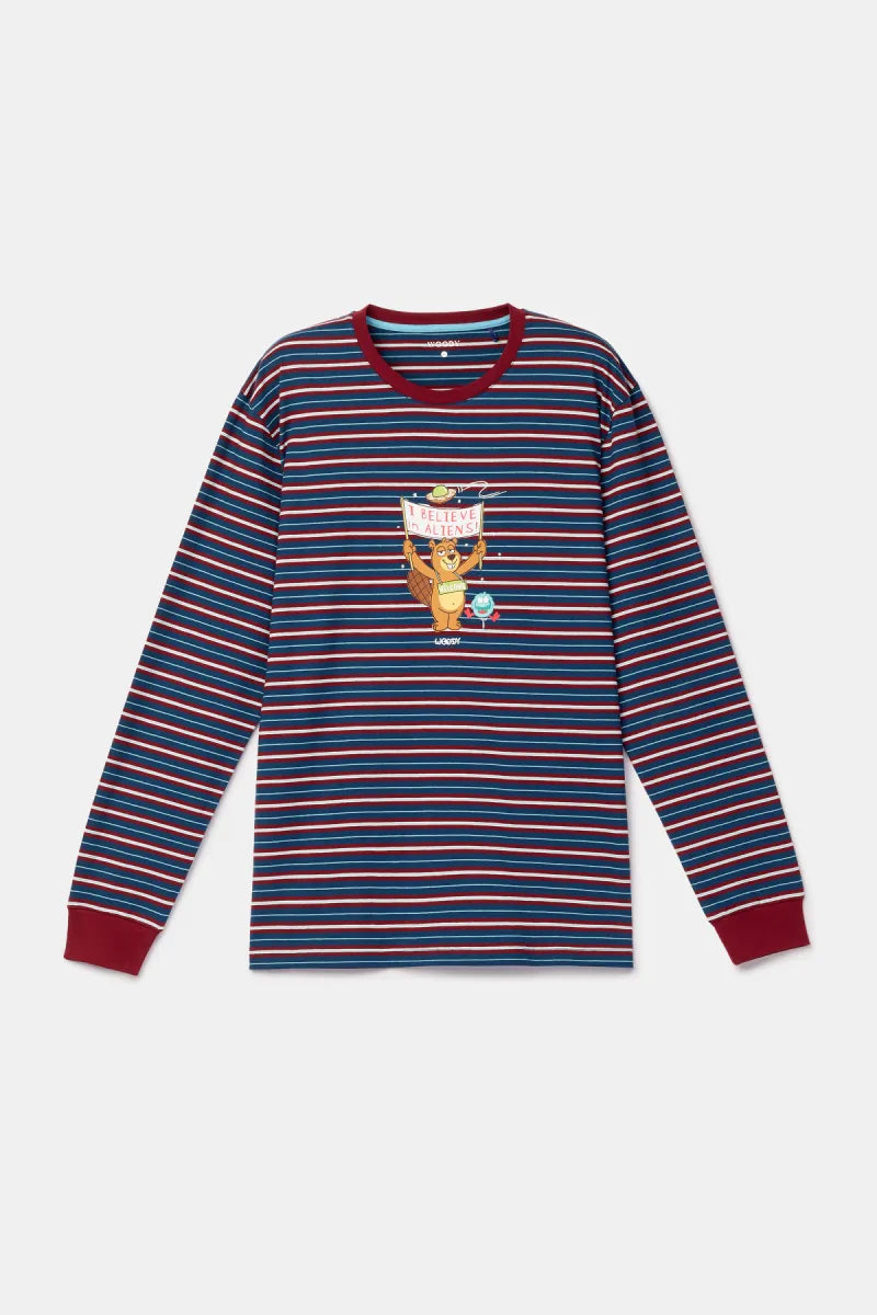 Woody Pyjama - Bordeaux streep/Beer