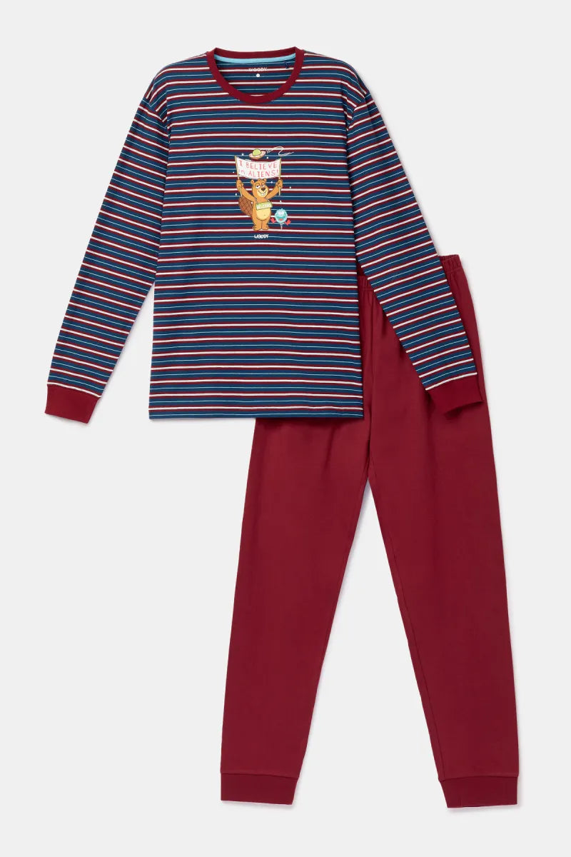 Woody Pyjama - Bordeaux streep/Beer