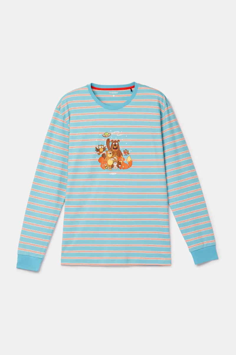 Woody Pyjama - Blauw gestreept/beestenbos