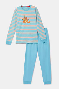 Woody Pyjama - Blauw gestreept/beestenbos