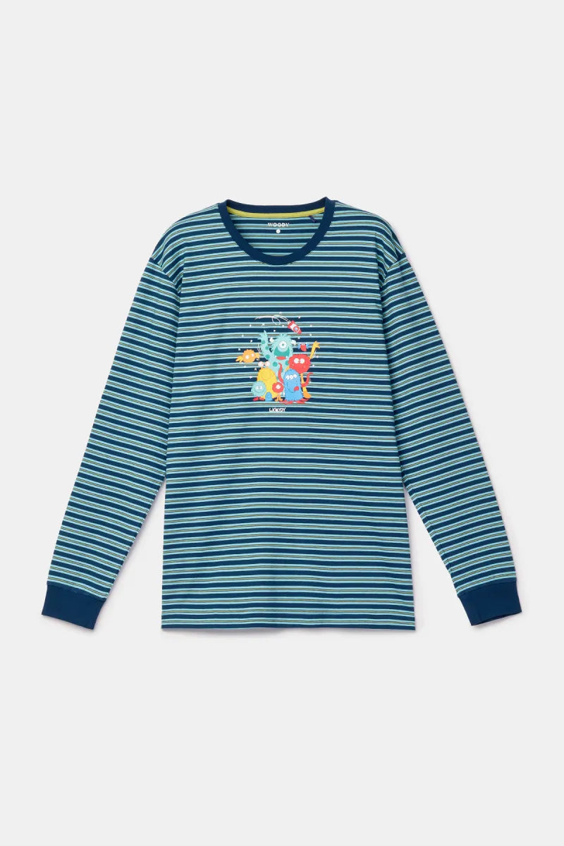 Woody Pyjama - Blauw gestreept/monsters