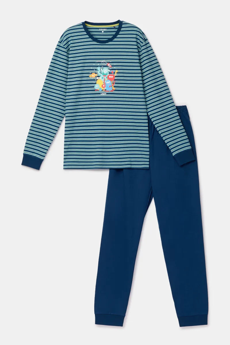 Woody Pyjama - Blauw gestreept/monsters