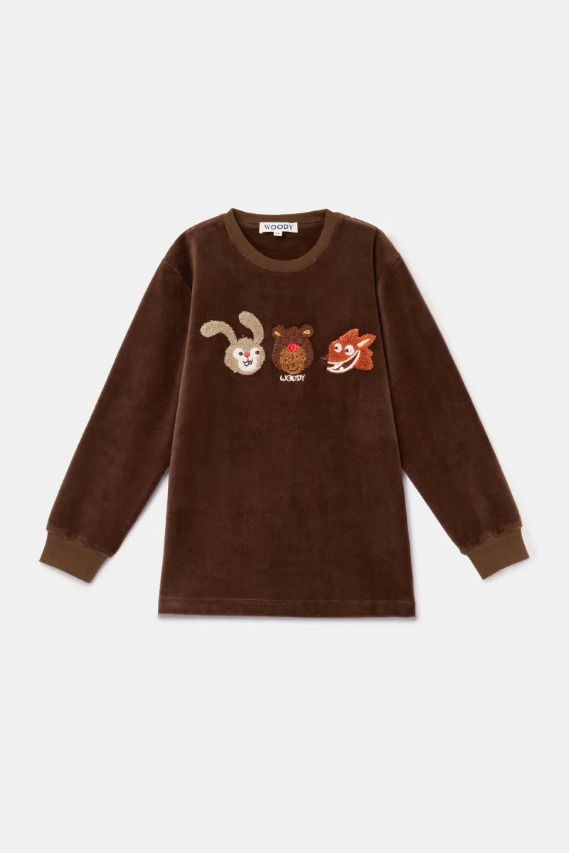 Woody Pyjama fluweel - Bruin/Konijn&Beer&Vos