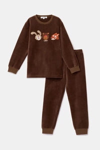 Woody Pyjama fluweel - Bruin/Konijn&Beer&Vos