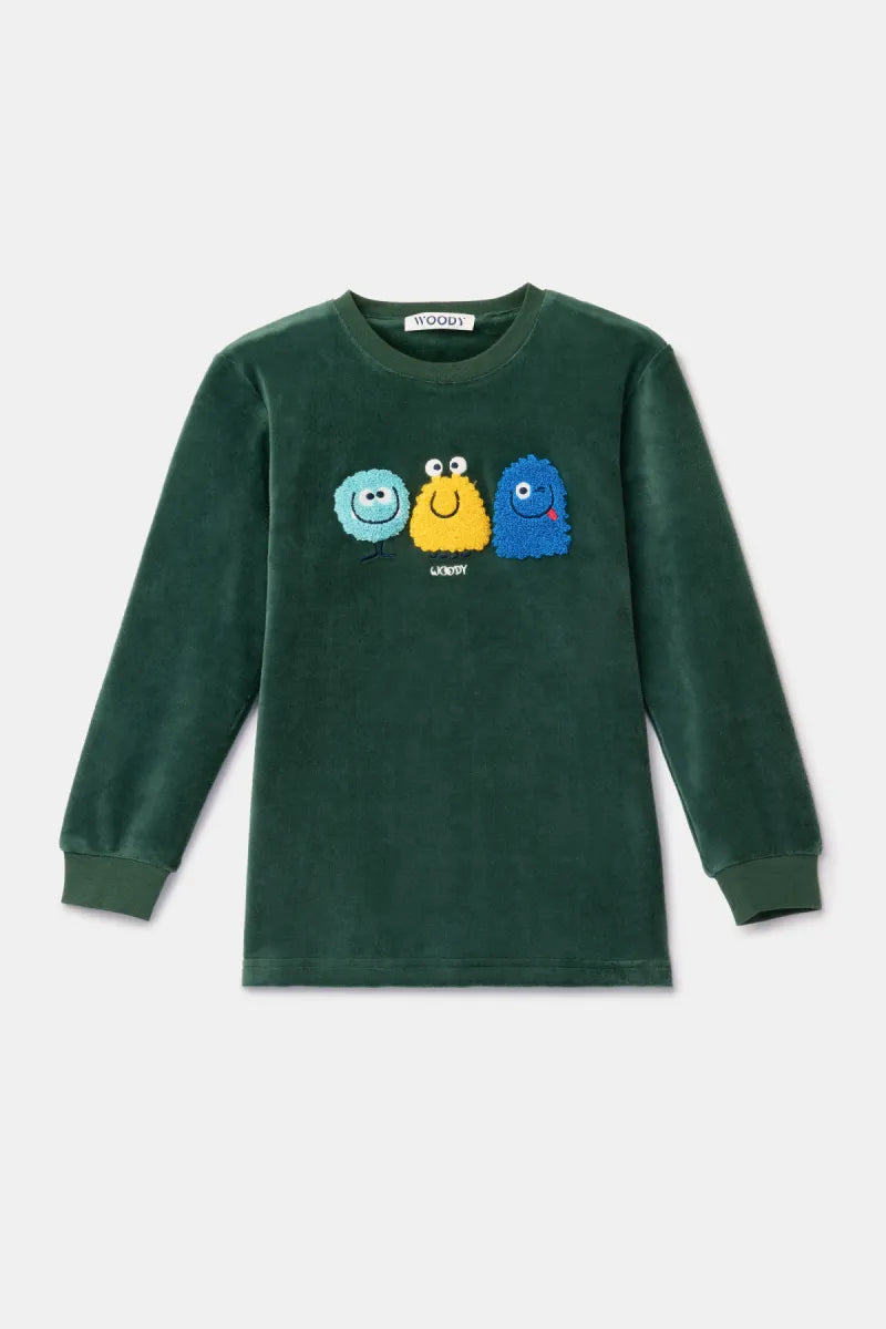 Woody Pyjama fluweel - Donkergroen/monstertjes