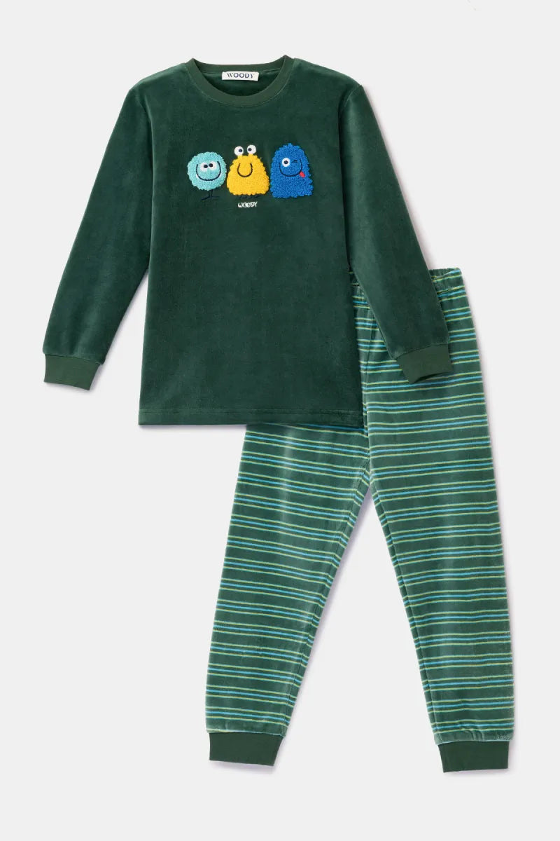 Woody Pyjama fluweel - Donkergroen/monstertjes