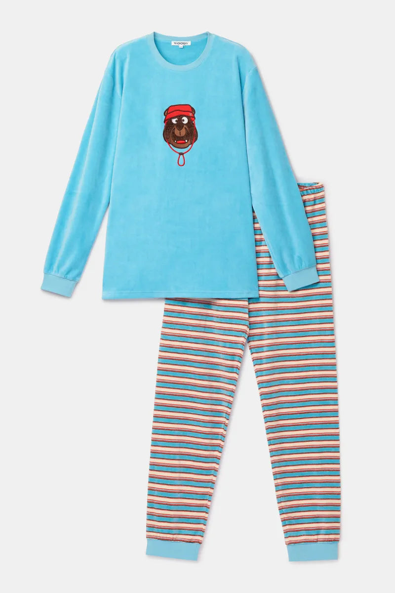 Woody Pyjama fluweel - Blauw/Beer