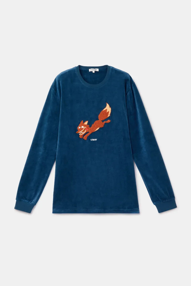 Woody Pyjama fluweel - Donkerblauw/Vos