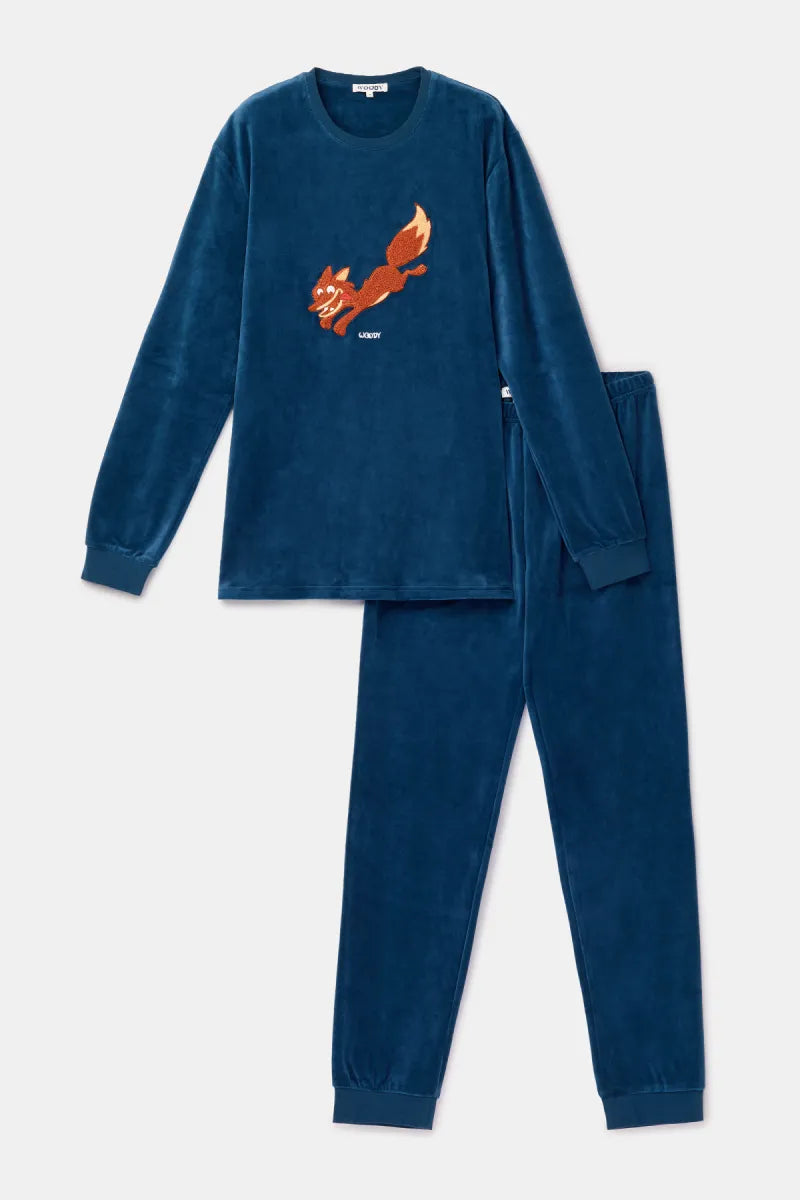 Woody Pyjama fluweel - Donkerblauw/Vos