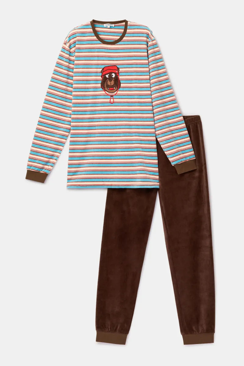 Woody Pyjama fluweel - Bruine streep/Beer