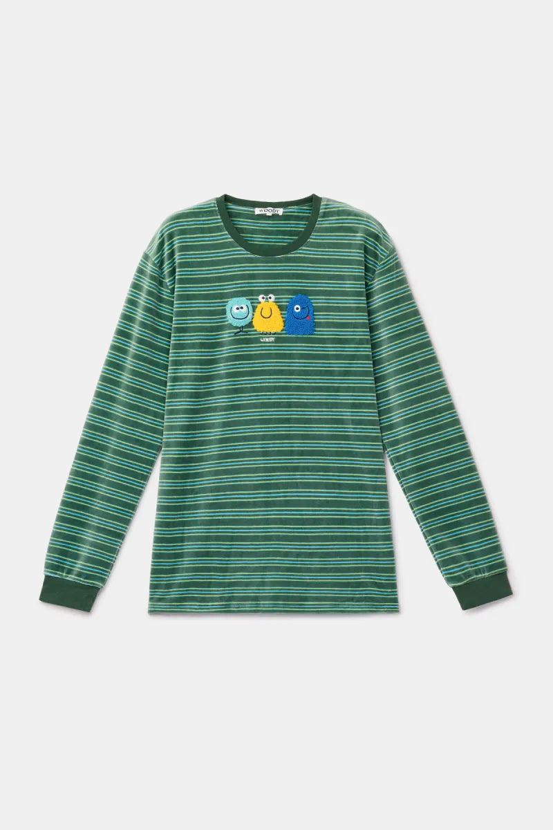 Woody Pyjama fluweel - Groene strepen/monstertjes