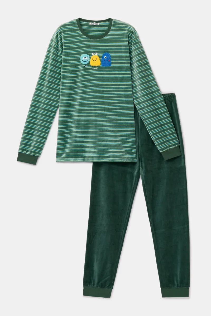 Woody Pyjama fluweel - Groene strepen/monstertjes