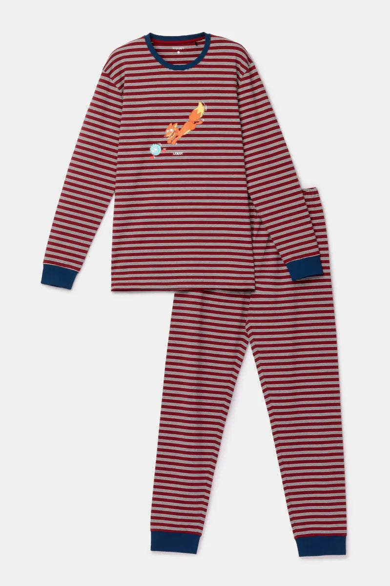 Woody Pyjama - Bordeaux streep/vos