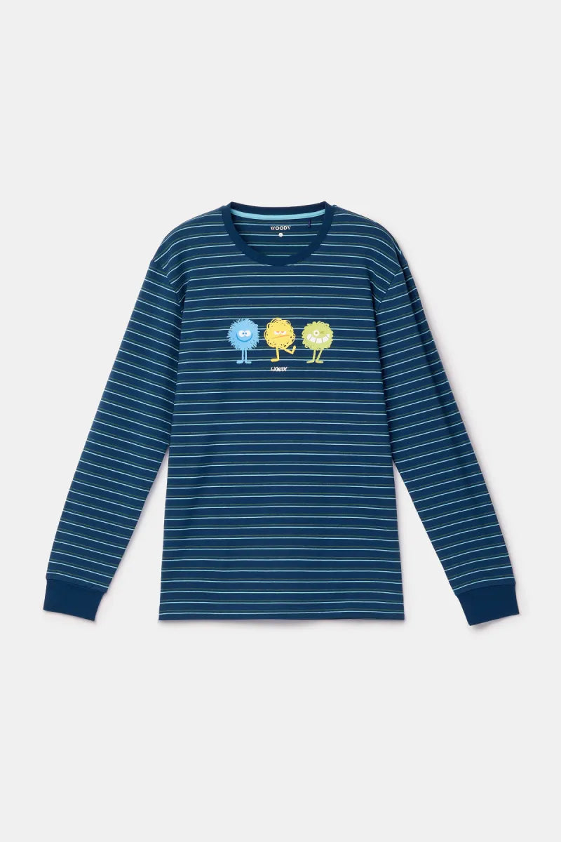 Woody Pyjama - Blauw gestreept/monstertjes