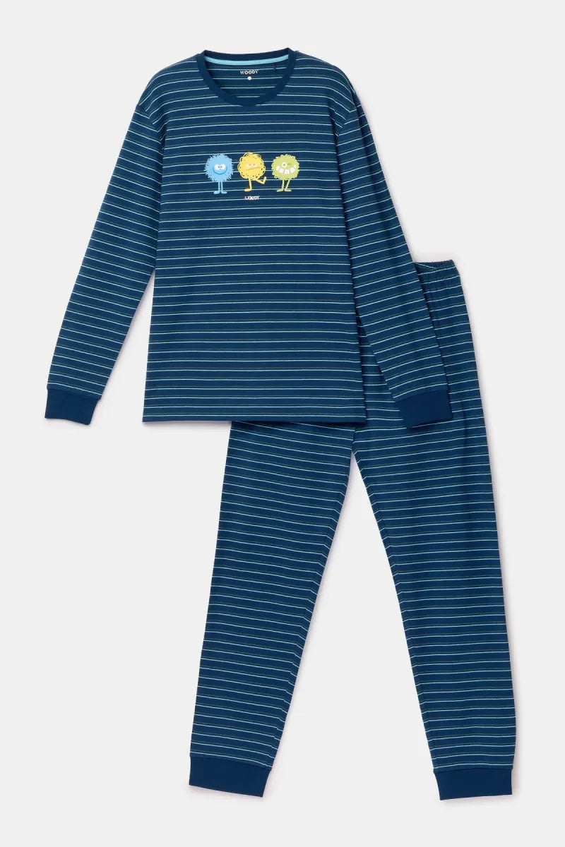 Woody Pyjama - Blauw gestreept/monstertjes