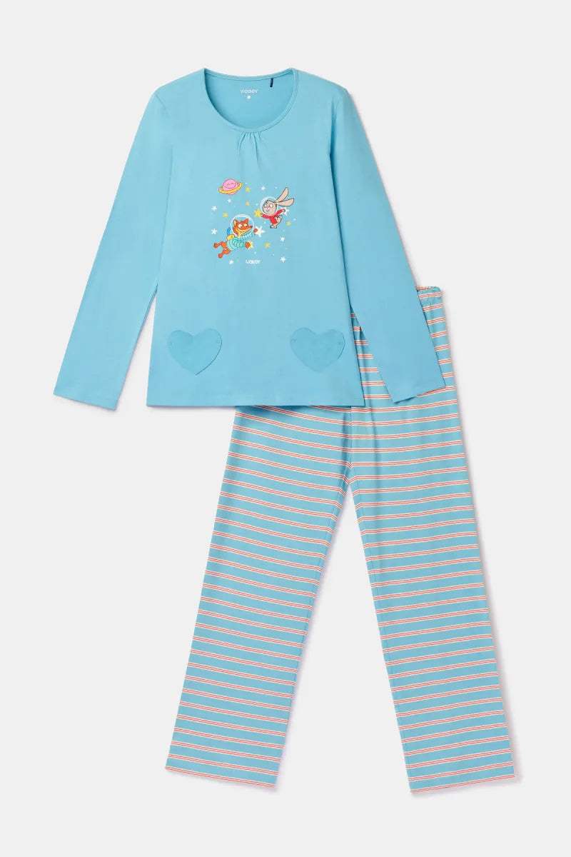 Woody Pyjama - Blauw/vos & konijn