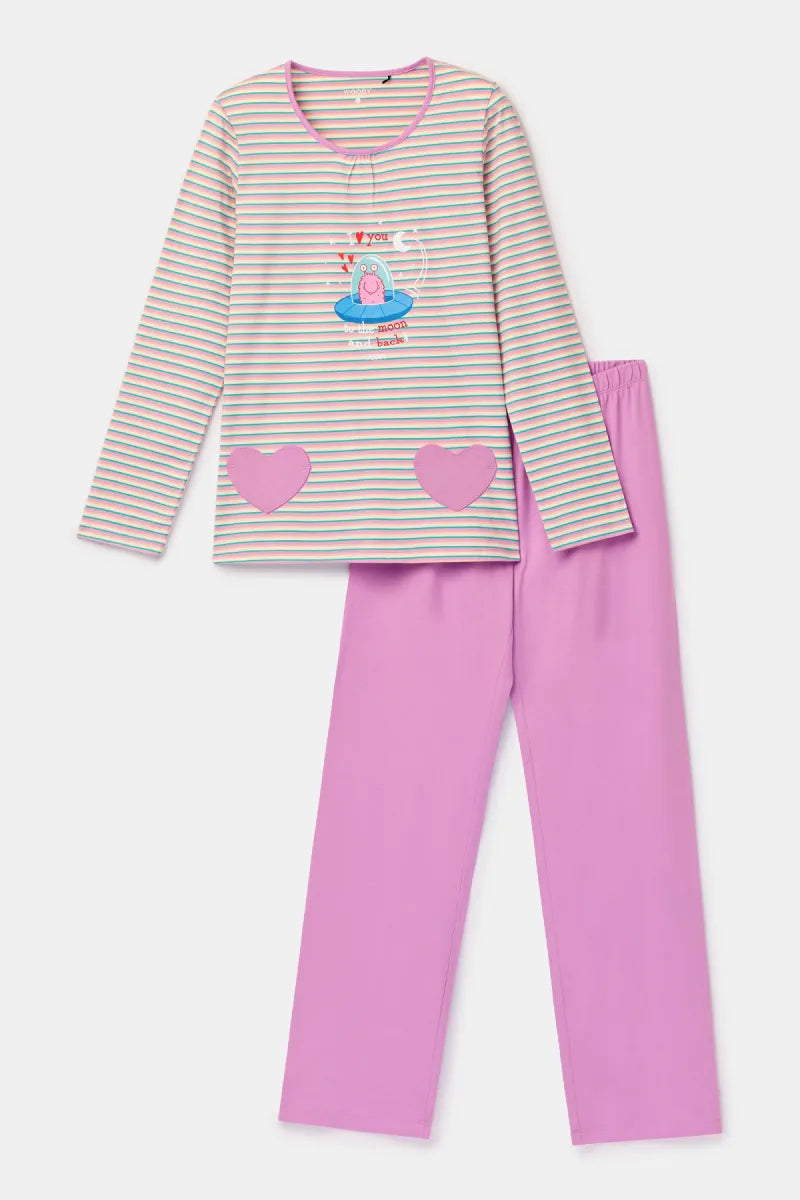 Woody Pyjama - Roos gestreept/hartjes monster
