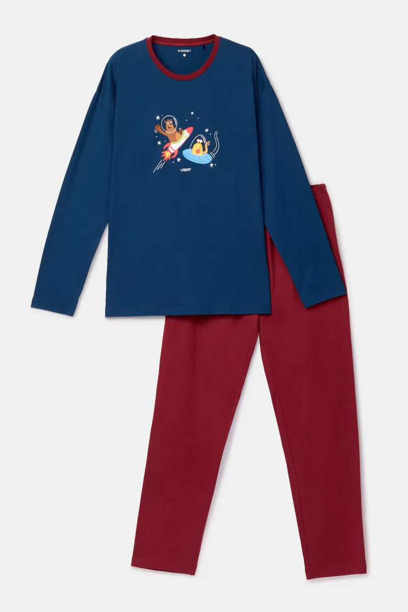 Woody Pyjama - Donkerblauw/beer & monster