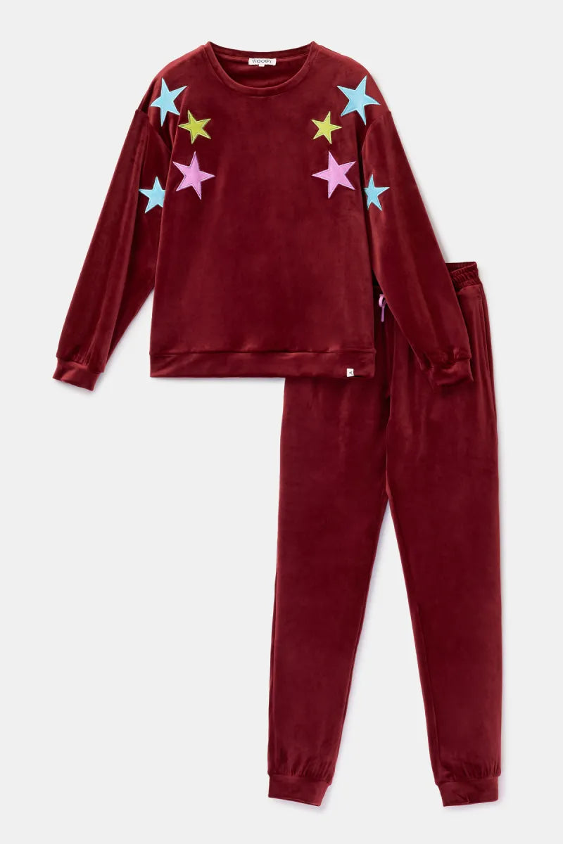 Woody Pyjama fluweel - Bordeaux/stars