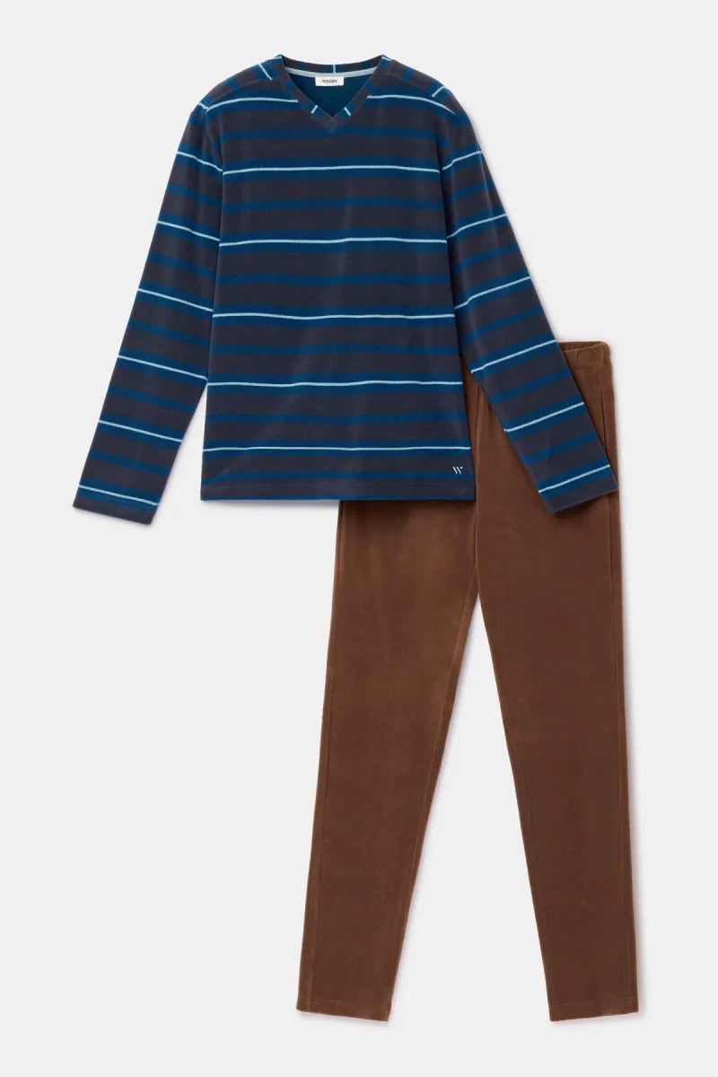 Woody Pyjama - Fleece/Blauw&bruin