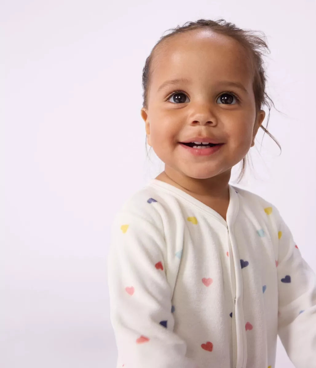 Petit Bateau Pyjama fluweel - Wit/ Gekleurde hartjes