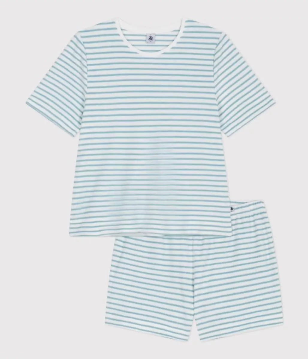 Petit Bateau Pyjama badstof - Wit/blauwe streep