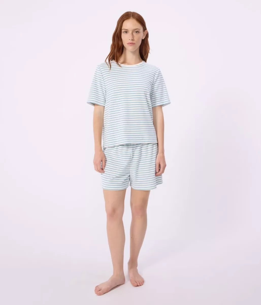Petit Bateau Pyjama badstof - Wit/blauwe streep