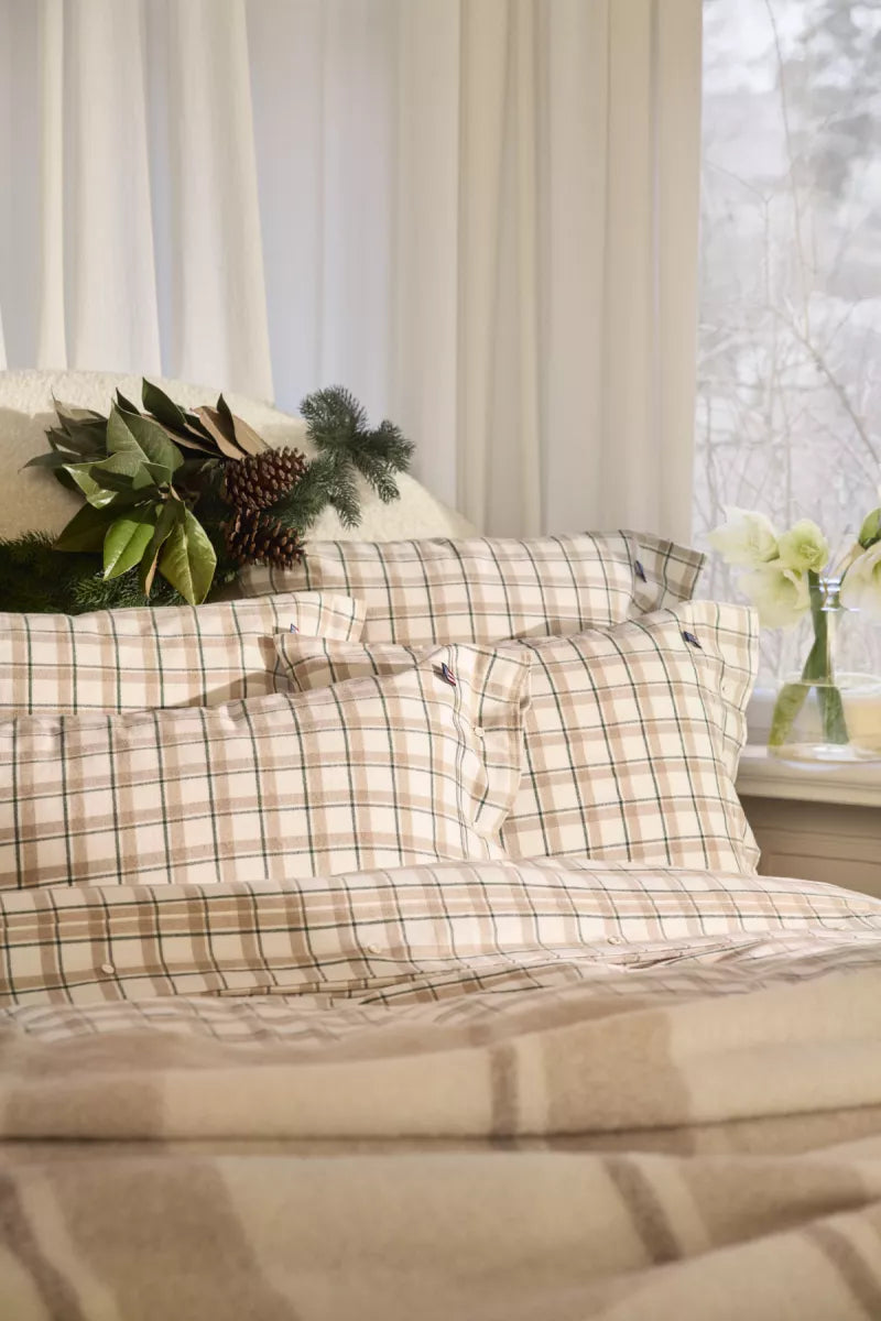Lexington Dekbedovertrek flanel beige/groen/witte ruit