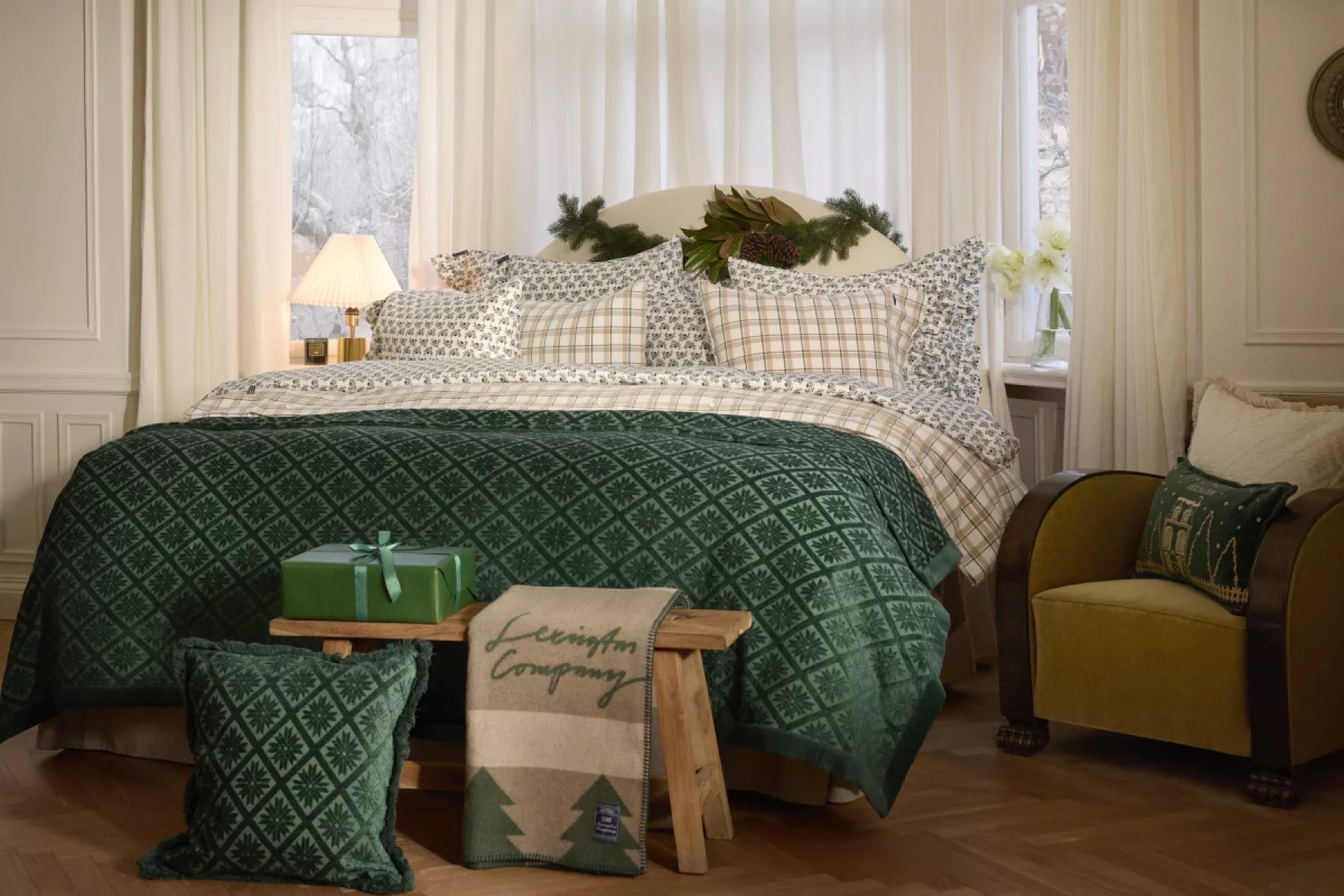 Lexington Dekbedovertrek flanel beige/groen/witte ruit